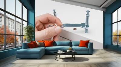 Male hand with spanner and confirmatory screeds, as a concept of fasteners and work on the assembly of furniture at home Wall mural