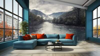 mountain river with fog and rain. dark and mystical landscape Wall mural