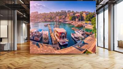 Panoramic view of the picturesque bay with marina port with yachts and cruise tourist ships near the old town of Kaleici in Antalya. Turkish Riviera and resort paradise Wall mural