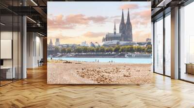 Panoramic view of the Rhine River beach and the Cologne skyline with recognizable architectural silhouettes of the famous Koln Cathedral Wall mural