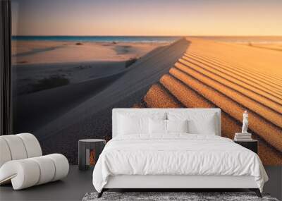 Patara beach is a famous tourist landmark and natural destination in Turkey. Majestic view of orange sand dunes and hills glows in the rays of the warm sunset. Wall mural