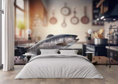 Raw salmon fish flying with spices in kitchen interior. AI generative Wall mural