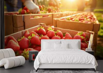 Ripe strawberry in wooden box or crates at a farm field plantation with blurred workers on background. Wall mural