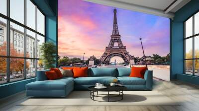 The symbol of Paris and all of France is the elegant and unique Eiffel tower. Photo Taken in the area of Trocadero square during the blue hour before dawn Wall mural