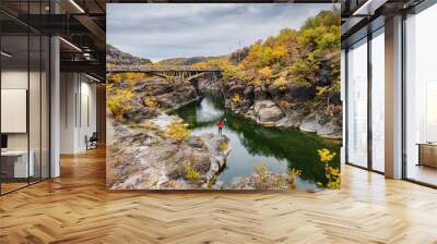 Traveler woman with greek flag near Venetikos river and Ruins of Eleftherochori stone bridge in Epirus, Greece at scenic autumn season. Natural attractions Wall mural