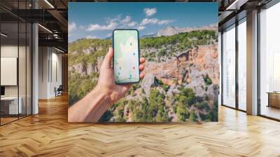 Young and sportive man on top of a mountain with a stunning view of canyon gorge in Turkey looks into a smartphone with a map app for navigation Wall mural