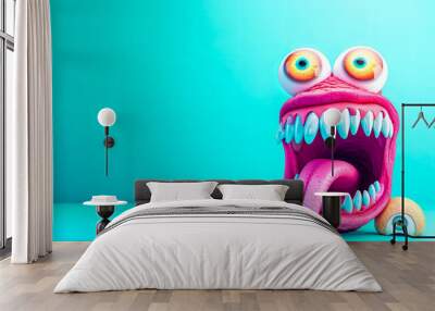 A humorous and quirky 3D illustration of a cartoonish pink monster with bulging yellow eyes and a large gaping mouth set against a bright turquoise background. Wall mural