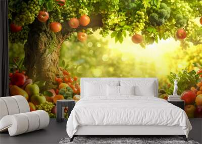 Abundance of fruits and vegetables growing on tree in magical garden Wall mural