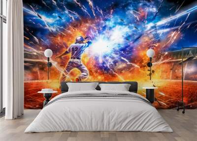 baseball player on fire, energy and movement of the game in arena Wall mural