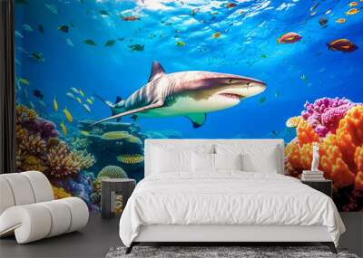 big shark in ocean waters, underwater colorful world with predator, made with Generative AI Wall mural