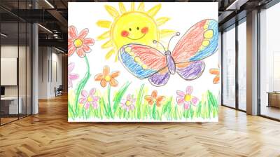 Colorful butterfly flying in a field of flowers with smiling sun Wall mural