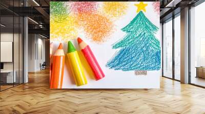 Colorful christmas tree drawing with crayons on white background Wall mural