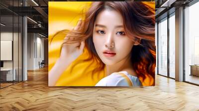 creative portrait of beautiful asian young woman on yellow background, made with Generative AI Wall mural