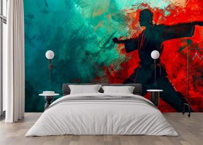 Dynamic martial artist silhouette on abstract background Wall mural