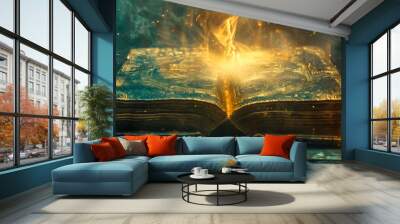 Enchanted book illuminated with mystical fire Wall mural