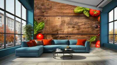 Fresh tomatoes and basil on wooden background Wall mural