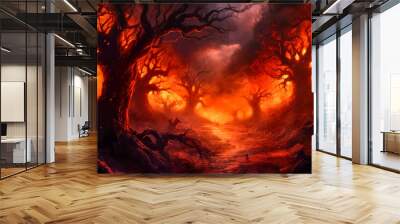 hell in the mysterious haunted forest, made with Generative AI Wall mural