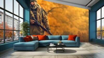 hunter with a gun in the forest, banner with copy space made with Generative AI Wall mural