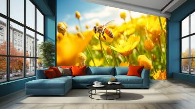 insect bee collects nectar from a yellow flower in a meadow, made with Generative AI Wall mural