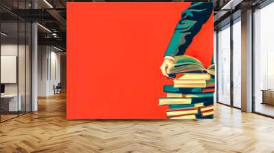 Knowledge power: man with stack of books on red background Wall mural