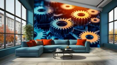 Many interlocking metal gears working together forming a machine Wall mural