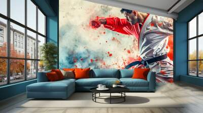 martial artist in a white and red gi, throwing a punch with intense focus, against an explosive backdrop of red and white smoke. Wall mural