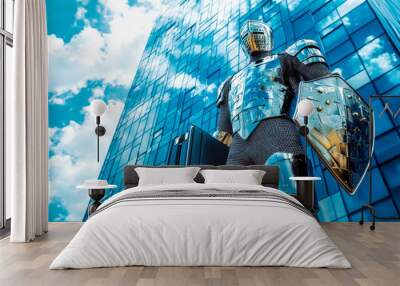 Medieval knight holding shield and briefcase in front of office building Wall mural