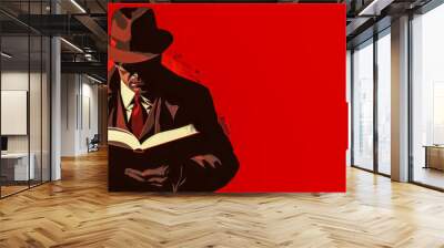 Mysterious detective reading in red shadows Wall mural