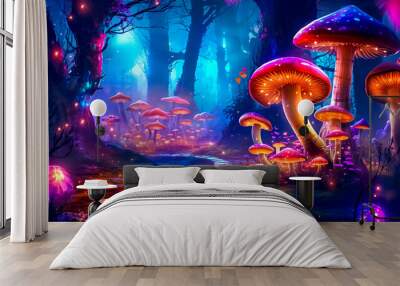 mystic magical night luminous forest with mushrooms, made with Generative AI Wall mural