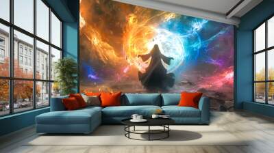 Mystical sorcerer summoning elemental magic Wall mural