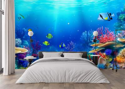 nautical aquarium, colorful underwater world with fish and plants, banner with copy space, made with Generative AI Wall mural