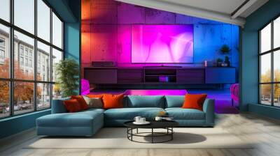 Neon Lit Living Room with Modern Aesthetic and Ambient Lighting Wall mural