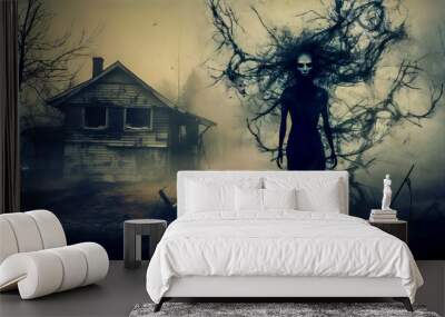 nightmare. a female ghost and a haunted house, made with Generative AI Wall mural