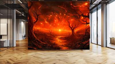 red fire hell in the mysterious haunted forest, copy space, made with Generative AI Wall mural