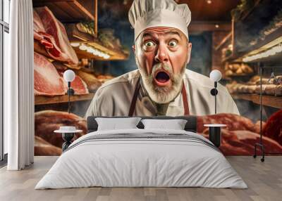 Shocked chef in butcher's shop with wide eyes, surrounded by fresh meat cuts Wall mural