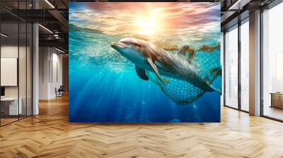 Sunlit dolphin escape from net underwater Wall mural