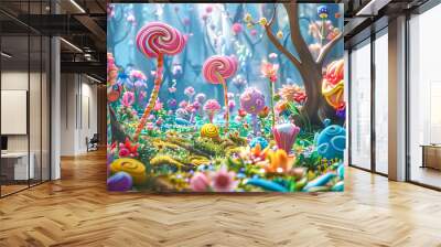 Vibrant 3d illustration of a magical forest landscape with whimsical candy elements Wall mural