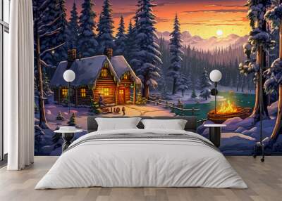 wooden log cabin in the winter fairytale forest at night, Christmas time, made with Generative AI Wall mural