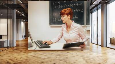 Young woman teacher in college. Instruction in a university classroom. Blackboard described by chalk. Projection from the data projector Wall mural