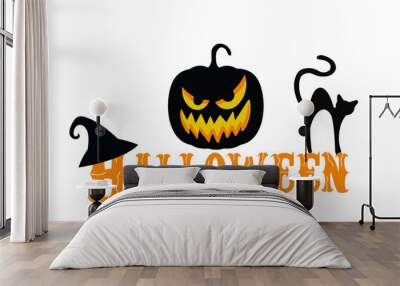 halloween vector lettering in orange with pumpkin monster face  Wall mural