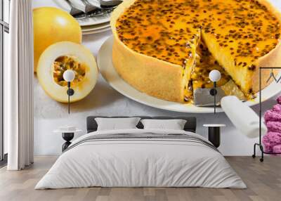 passion fruit pie with a slice already removed,
spatula with a slice of pie Wall mural