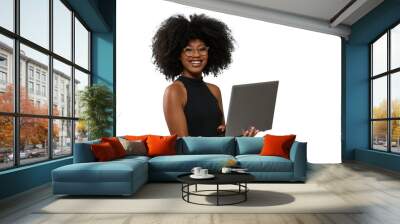 woman holding laptop computer typing on keyboard looking at camera, black woman Wall mural