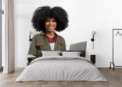 woman holding laptop computer while typing on keyboard, young afro  Wall mural