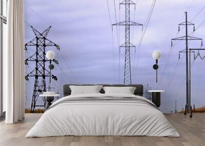 Various types of transmission line supports. Overhead power line. Transmission of electrical energy by wires. Wall mural