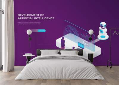 Digital technology banner. Modern template with artificial intelligence. Data analysis. Artificial intelligence in 3d style. Artificial intelligence digital brain future technology isometric Wall mural