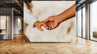 Lovely couple holding hands on white background. Couple together outdoors in love and romantic relationship. Close-up of hands. Wall mural