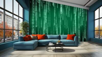 Binary green particles falling down in Matrix style. Futuristic 3D illustration with bright 1 and 0 code. Computer technology, network and cryptocurrency blockchain concept Wall mural