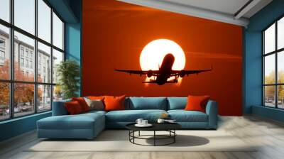 Silhouette of airplane taking of in the sunset  Wall mural