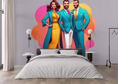 Two men and a woman in 80s style clothes on a gray background. Drawing of happy friends Wall mural