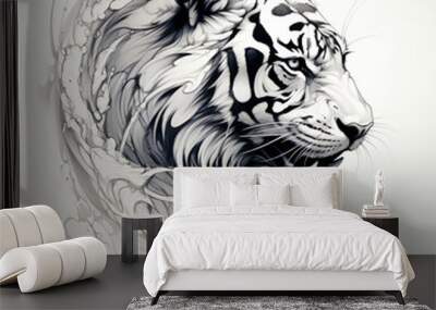 A black and white drawing of a tiger on a white background Wall mural